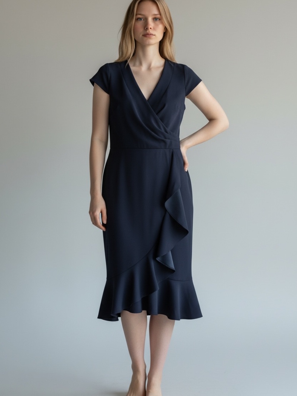 London Times Ruffle Faux Wrap Dress Navy Blue
US 8